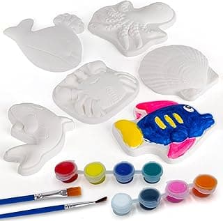 ArtCreativity Ocean Animals Plaster Painting Kit for Kids - 6 Aquatic Plaster Figurines, 2 Paint Sets, 2 Brushes, and 6 Circle Magnets for Display - 8 Different Paint Colors - Kids Painting Set