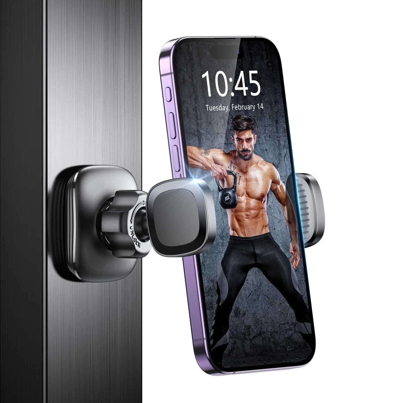 Magnetic Phone Holder for Gym, 360° Rotatable Gym Phone Holder Workout Record, or Any Metal Surface, Gym Magnet Phone Mount Cradles Compatible with All Smartphones 4.7-7", Thick Cases Friendly