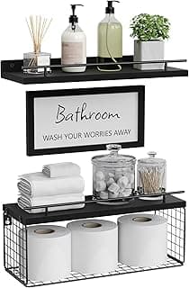 WOPITUES Floating Shelves for Bathroom Wall Decor Sign, Bathroom Organizers and Storage, Bathroom Shelves Over Toilet with Metal Guardrail-Black image