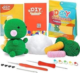 Beginners Crochet Kit, Crochet Animal Kit, Knitting Kit with Yarn, Polyester Fiber, Crochet Hooks, Step-by-Step Instructions Video, Crochet Starter Kit for Beginner DIY Craft (Dark Green Dinosaur) image