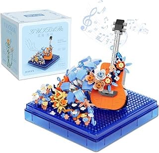 Guitar Mini Building Block Sets with Colorful Flower Decor, Micro Building Sets with Dust Cover,Gift for Girl,Lover,Mother, Home Office Decor Kit Suit for Kids and Adult Aged 8+(Guitar) image