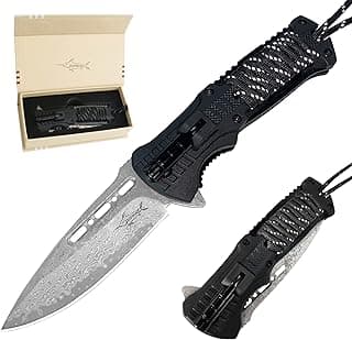 XIPHIAS EDC Tactical Damascus Folding Pocket Knife - 6-in-1 Survival Multitool with LED Light, Magnesium Fire Starter, Whistle, Paracord & Pocket Clip - (Black) - FK 039DA-Black