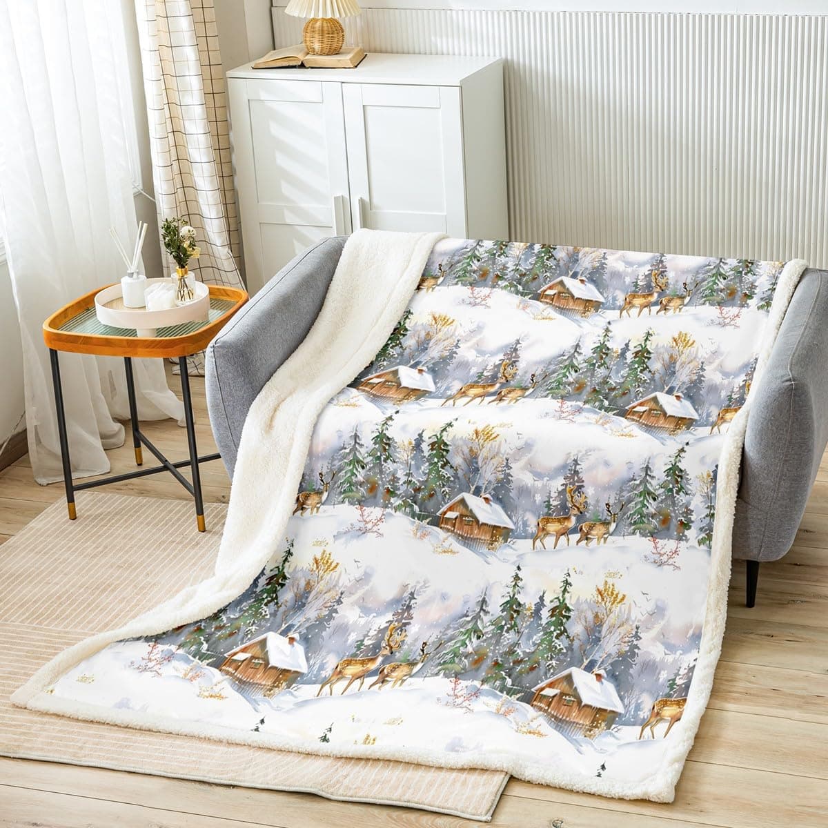 Elk Printed Sherpa Blanket Wild Animal Pattern Fleece Throw Blanket for Sofa Couch Christmas Theme Plush Blanket Winter Nature Tree Deer Room Decor Queen 90"x90"