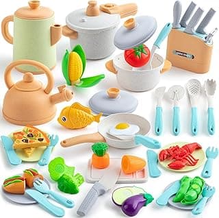 42Pcs Play Kitchen Accessories, Kids Kitchen Pretend Play Toys with Play Pots and Pans, Utensils Cookware Toys, Play Food Set, Toy Vegetables, Learning Gift for Girls Boys image
