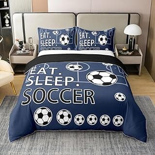 Feelyou Full(No Comforter) Soccer 100% Cotton Duvet Cover Boys Girls Football Bedding Set for Kids Teens Toddler Navy Blue Comforter Cover Set Soccer Ball Game 3Pcs Zipper image
