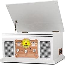 10 in 1 Vintage Bluetooth Record Player Turntable with Built-in Speakers, Vinyl Turntable CD Cassette Player & AM/FM Radio Combo Multimedia Center, USB Recording, RCA Out AUX in, White Wood image
