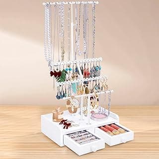 FODIENS Jewelry Organizer Stand, 23" Adjustable Jewelry Holder with Wooden Storage Box, Sturdy Jewelry Hanger Display Tree for Stud Earring Bracelet Necklace Ring Watches (White)