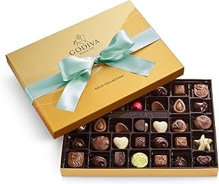 Godiva Chocolatier Aqua Ribbon 36-Piece Assorted Chocolate Gift Box – Gourmet Chocolate Candy Variety Pack – Dark Caramel, Milk Chocolate, Nuts– Gift Basket for Congratulations, Birthday and Anniversary