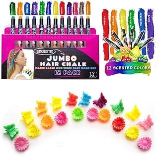 Hair Chalk for Kids Jumbo Hair Chalk Sticks Washable Hair Color Temporary Dye for Girls Safe Scented Rainbow Metallic Glitter Hair Birthday Cosplay DIY Halloween Christmas Gift 12 Colors image