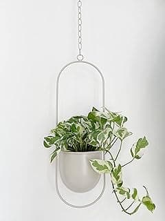Boho Beige Metal Plant Hanger,Metal Wall and Ceiling Hanging Planter, Modern Planter, Mid Century Flower Pot Plant Holder, Minimalist Planter for Indoor Outdoor Home Decor image