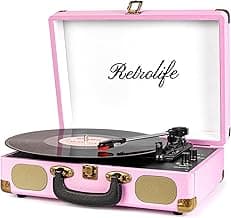 Vinyl Record Player 3-Speed Bluetooth Suitcase Portable Belt-Driven Record Player with Built-in Speakers RCA Line Out AUX in Headphone Jack Vintage Turntable Pink