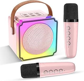 Mini Karaoke Machine with 2 Wireless Microphones for Kids and Adults,Portable Karaoke Machine with Voice Changer and LED Light,Birthday Gifts for Girls and Boys image