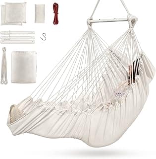 Outerman Hammock Chair, Hanging Chair with 3 Cushions and Foot Rest Support, Sturdy Metal Spreader Bar Max 440 Lbs, Swing Chair for Bedroom, Indoor & Outdoor, Patio, Porch or Tree（White） image