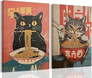 Framed Funny Black Cat Canvas Wall Art Set of 2, Vintage Japanese Cat Eating Ramen Poster, Unique Gifts and Animal Lover Printing Picture, for Living Room Kitchen Dining Room Wall Decor 12x16in
