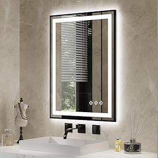 LED Bathroom Mirror, 24x32 Inch Black Framed Gradient Front and Backlit LED Mirror for Bathroom, 3 Colors Dimmable CRI>90, IP54 Enhanced Anti-Fog Wall Mounted Lighted Vanity Mirror image