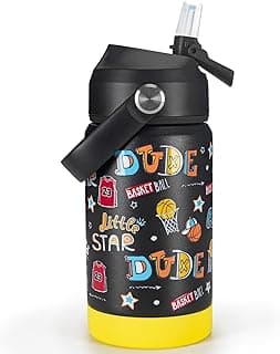 12 oz Insulated Water Bottle With Straw, Sports Water Cup Flask with Wide Mouth, Leak Proof Travel Thermo Mug - Black Basketball image