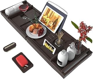 Bathtub Caddy Tray for Luxury Bath - Bamboo Waterproof Expandable Bath Table Over Tub with Wine and Book Holder and Free Soap Dish (Brown) image