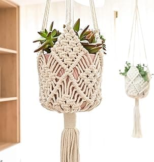 Hanging Planter with Patterns,2Packs Macrame Plant Hangers Indoor Macrame for up to 8 inch Pot Crochet Boho Plant Hanger Holder for Indoor Outdoor with 2S Shaped Stainless Steel Hooks (White) image