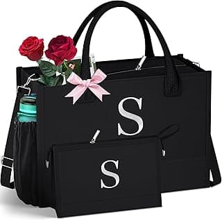 Initial Black Canvas Tote & Makeup Bag with Zipper, Adjustable Strap - Personalized Present for Women's Birthday image