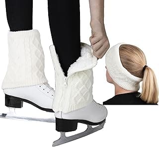 CRS Cross Leg Warmers and Headband Set for Figure Skating. Zipper Easy On/Off. Warm Knit Fleece Lined image
