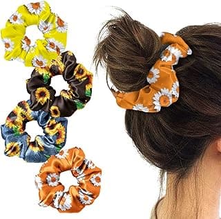 WIRESTER 4 Pcs Satin Hair Scrunchies, Silk Hair Ties, Soft Elastic Hair Bands Ponytail Holder, Silky Curly Hair Accessories for Women Girls - Sunflowers Daises Pattern image