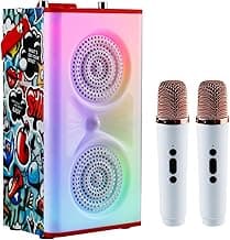 KBQ Kids Karaoke Machine with 2 Microphones, Bluetooth Portable Wireless Karaoke Speaker Player Home Karaoke System for Children and Adults (Red Doodle) image