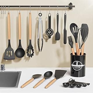 Kitsure Kitchen Utensils Set - 30 PCS, Silicone Cooking Utensils Set with Holder, 446℉ Heat-Resistant Silicone Kitchen Utensils Set with Wooden Handle for Non-Stick Cookware, Black image