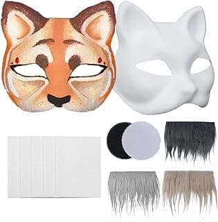 Cat Mask Therian DIY Kit - 5PCS White Cat Mask to Paint, with Faux Fur Fabric and Fabric Mesh For Eyes, Therian Mask Fox Therian Gear Kit image