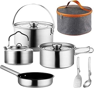 Camping Cookware Set,Camping Cooking Set,304 Stainless Steel Camping Pots and Pans Set,Campfire Cooking Equipment with Travel Tote Bag for Camping Outdoor Kitchen Cooking Picnic and RVs for 4-6 image