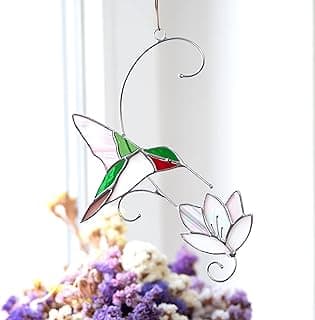 Green Hummingbird Handmade Stained Glass Suncatcher Genuine Stained Glass Window Hanging Unique Indoor Ornament & Outdoor Decor image
