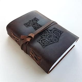Mjolnir Thor's Hammer Mens Leather Journal, Free Personalization 5" x 7" Blank Handmade Paper Travel Journal Unlined