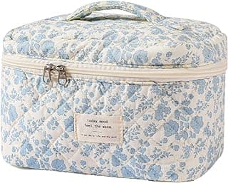 uekeboag Large Travel Quilted Makeup Bag for Women, Floral Cotton Cosmetic Bag, Coquette Aesthetic Floral Toiletry Organizer Bag