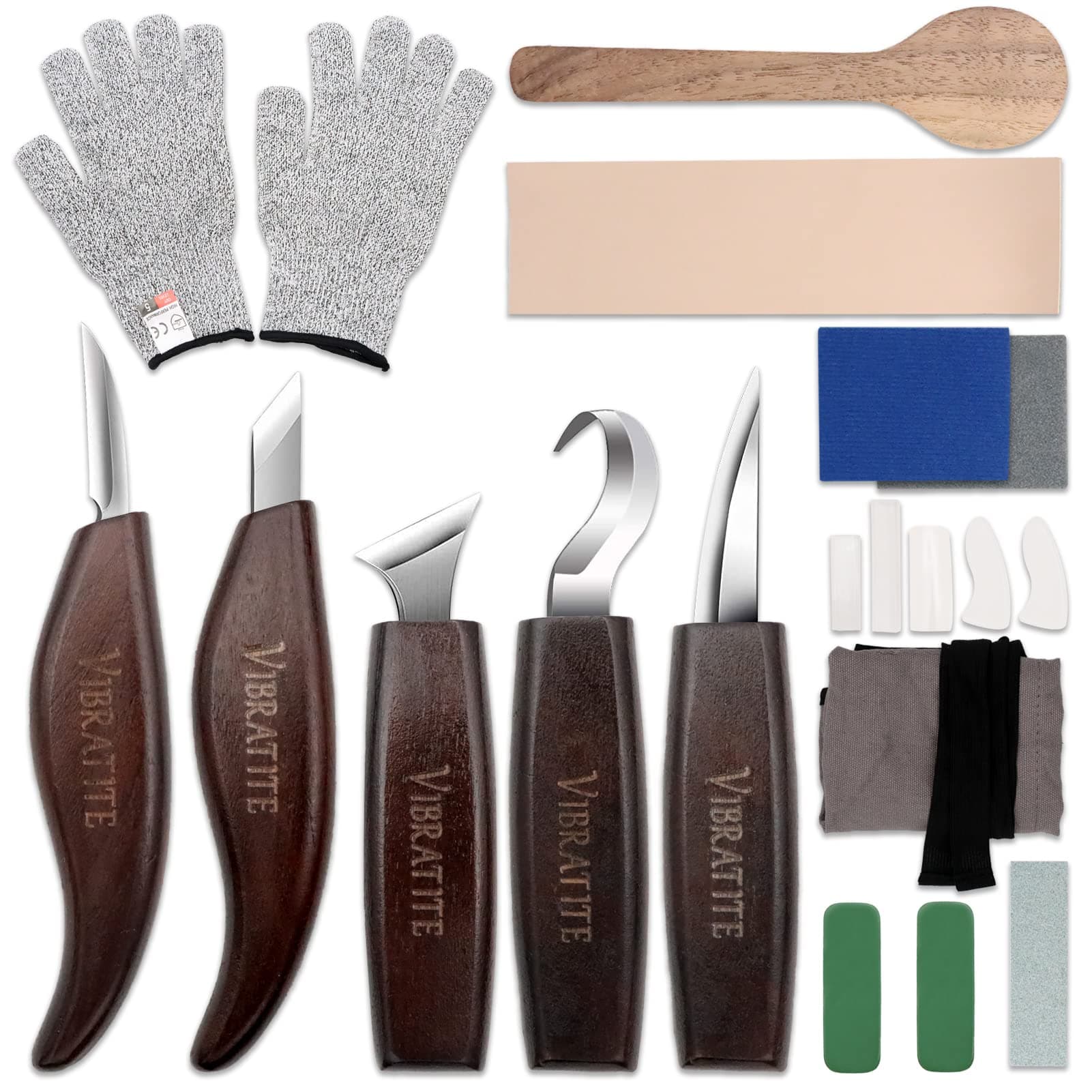VIBRATITE Wood Carving Kit, 14 PCS Wood Carving Tools Set with Detail Carving Knife, Spoon Blanks, Whittling Knife, Wood Whittling Kit for Beginners Kids Adults Woodworking DIY