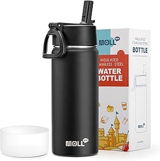 Insulated Water Bottle with Straw-18 oz Stainless Steel Double Wall Vacuum Wide Mouth Water Bottle with Silicone Boot for Travel, Sports (Black) image