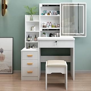 Vanity Desk, Makeup Vanity Desk with Sliding Mirror and Lights, Makeup Vanity Set with Drawers, Stool and Open Shelves, 3 Color Lighting Modes, Brightness Adjustable Dressing Table for Bedroom image