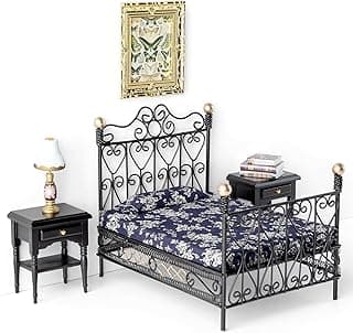 8Pcs 1:12 Dollhouse Bedroom Furniture Set Miniature Black Metal Bed with Bedding, Wooden Bedside Table, Lamp, Books, Murals for Master Bedroom Dollhouse Furniture Decorations Accessories