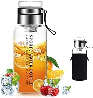 24 oz Glass Water Bottles - Clear, Borosilicate Glass Water Bottle with Stainless Tea Infuser - Cup-Function Lid, Neoprene Sleeve, Strap - Wide Mouth BPA free, for Tea, Beverages, Juice
