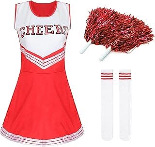 Women's Cheerleader Costume Outfit Cheer Dress with Pom Poms & Retro Striped Socks for Halloween Sports Events Theme Parties image