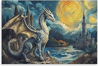 KRECDKQ White Dragon Castle Sunset Retro Sci-fi Fantasy Wall Art for Home Decor Mythical Dragon for Mens Bedroom Dorm Living Room Paintings Pictures Wall Decor Framed Unframed 24x36inch(60x90cm)