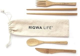 | Custom Bamboo Cutlery | Reusable & Eco-Friendly Travel Utensils | Wooden Utensils for eating | Includes reusable Chopsticks, Spoon, Fork, Knife and Canvas Bag | image
