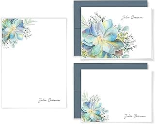 Complete Personalized Stationery Set, Single Succulent Watercolor Flowers, Note Cards and Notepad image