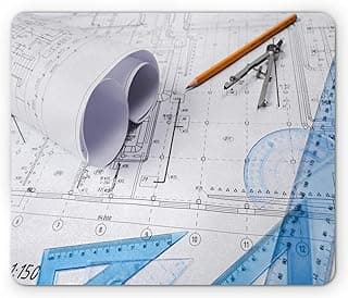 Lunarable Engineer Mouse Pad, Architecture Design and Work Tools Planning Construction Diagrams Pencil Ruler, Rectangle Non-Slip Rubber Mousepad, Standard Size, White and Blue image