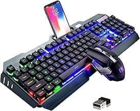 Wireless Gaming Keyboard and Mouse, Rechargeable, Rainbow Backlit with 3800mAh Battery Metal Panel,Mechanical Feel Keyboard and 7 Color Mute Mouse for Windows Computer Gamers image