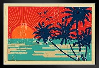 Tropical Island Palm Trees Sunset Vintage Postcard Black Wood Framed Wall Art 20x14 image