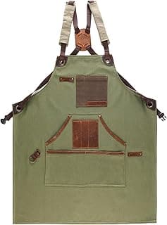 Cross Back Canvas Aprons With Pockets |Adjustable Leather Strap|Work Apron|Chef Apron|Woodworking, Grilling image