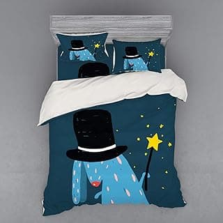Lunarable Quirky Bedding Set, Rabbit with The Black Hat Magic Wand Doing Tricks Bizarre Cartoon Style Artwork, 4 Piece Duvet Cover Set with Shams and Fitted Sheet, California King, Multicolor image
