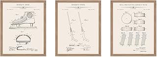 Poster Master 3-Piece Hockey Blueprint Poster - Hockey Shoe Patent Print - Hockey Stick Art - Hockey Puck Art - Sports Art - Technical Drawing Art - Office or Gym Wall Decor, 8x10 Beige Framed