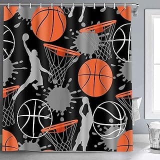 Basketball Sports Shower Curtains Basketball Theme Playing Game Oil Splash Painted Doodle Cool Art Teen Boys Room Decor for Bathroom Standard Size 72 X 72 Inch image
