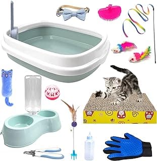 Kitten Starter Kit, 15 Piece Cat Essentials Set Includes Cat Litter Box,Cat Toys, Cat Collars，Cat Scratch Pad, cat Nail File，Automatic Cat Feed Bowls, Pet Grooming Gloves for Cats Daily Life image