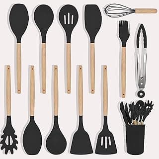 Kitchen Utensils Set 12 Pieces Nonstick Silicone Cooking Utensils Wood Handle Silicone Cooking Utensils Set with Holder Dishwasher Safe BPA Free (Black) image